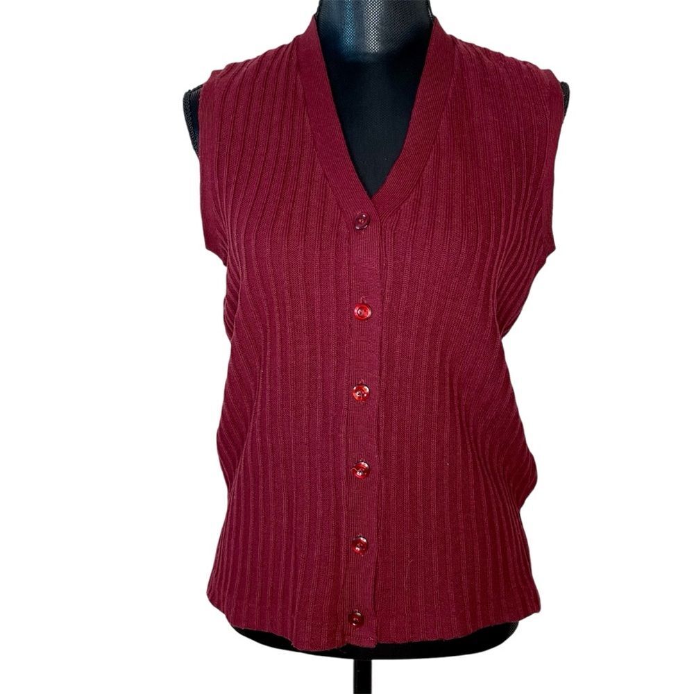 Rrrrruss Sweater Vest Vintage Ribbed Acrylic V Neck Button Front Red Size Medium